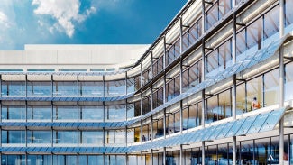 Efficient window solar shades on the facade of the building