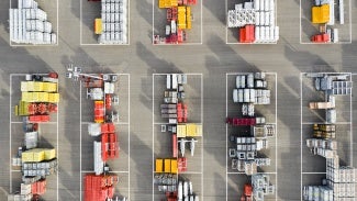 Plastic and metal ware for construction viewed from above at a depot.