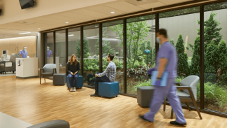 hospital interior hall with glass windows and garden